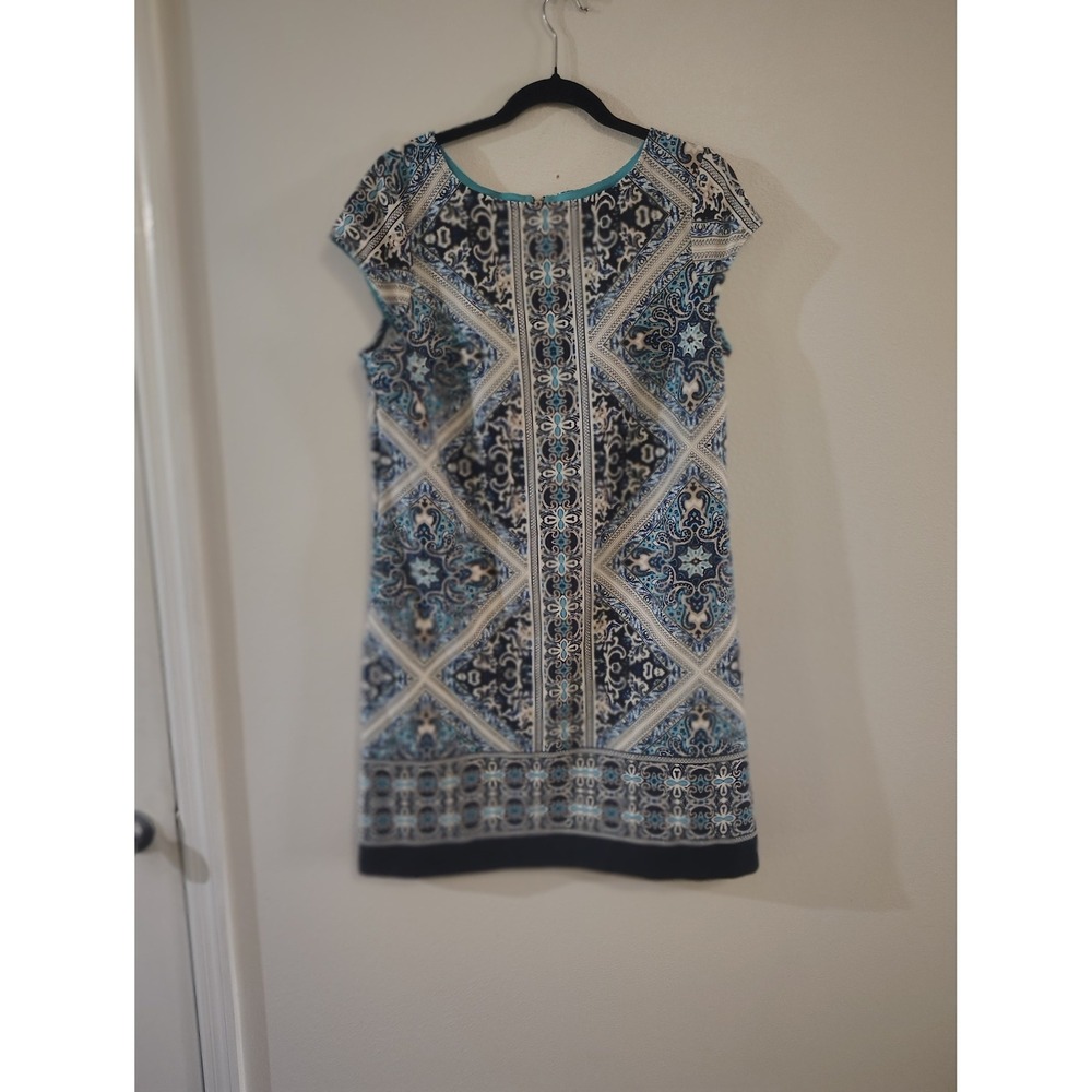 Tiana B Blue Paisley Geometric Medallion Print Cap Sleeve Shift Dress Size 14
